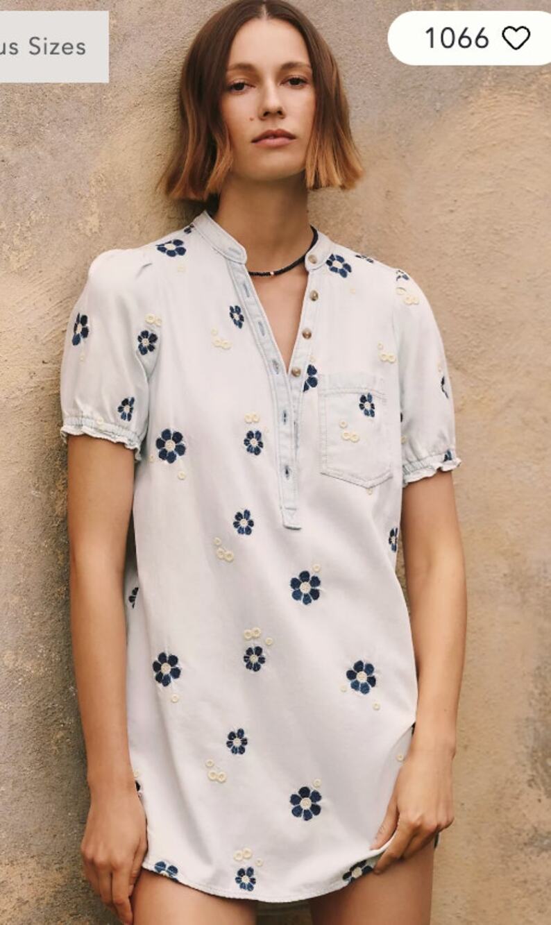 Pilcro Dress Medium Aly Embroidered Chambray Floral Mini Blue Puff Sleeve Mini